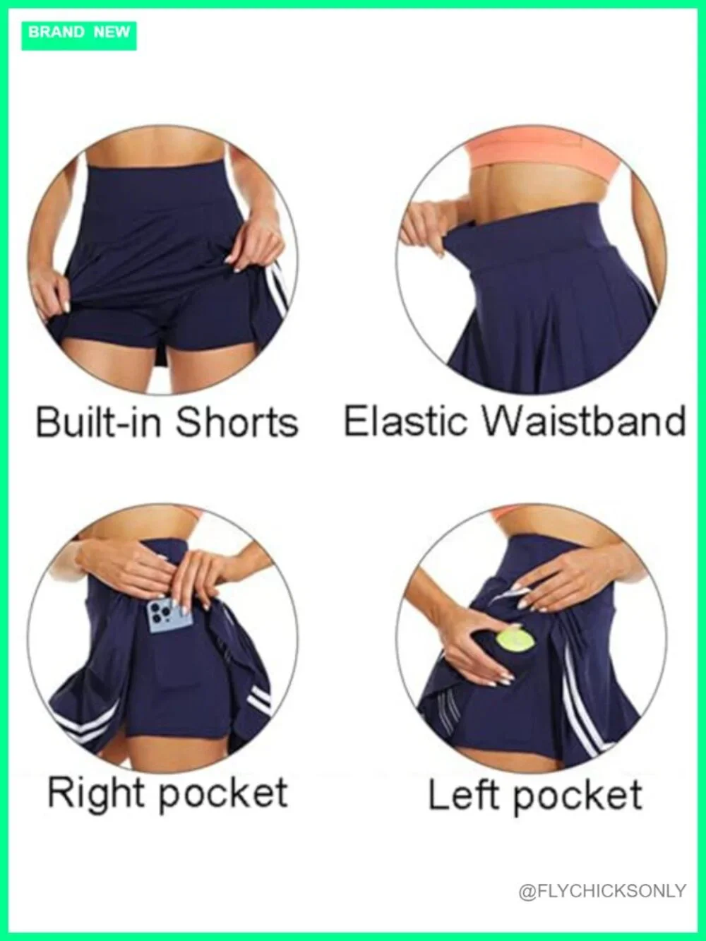 Women High Waist Pleated Tennis Skirt Built-in Shorts 2 Pockets